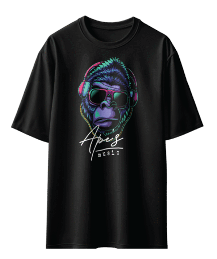 Müzik Dinleyen Mor Goril  Oversize Siyah T-shirt