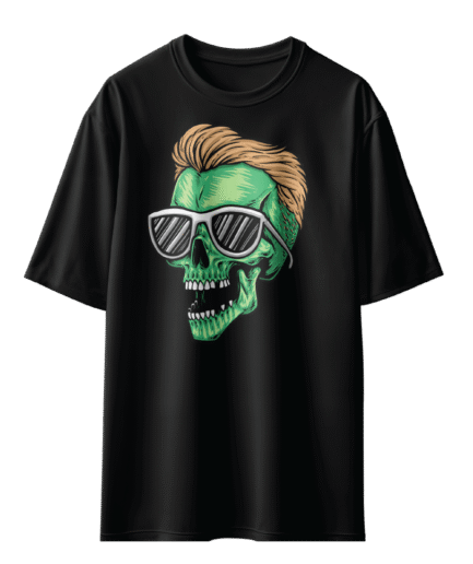 Yeşil İskelet Kafası Oversize Siyah T-Shirt