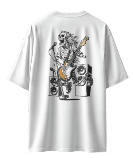 Gitar Çalan İskelet Oversize Beyaz Tişört