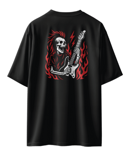 Gitar Çalan İskelet Oversize Siyah Tişört 2