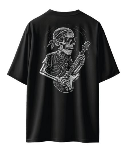 Gitar Çalan İskelet Oversize Siyah Tişört