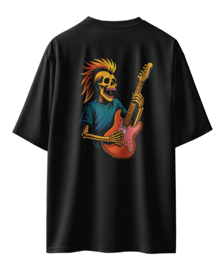 Gitar Çalan İskelet Oversize Siyah Tişört 3