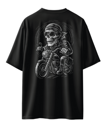 Harley Kullanan İskelet Oversize Siyah Tişört